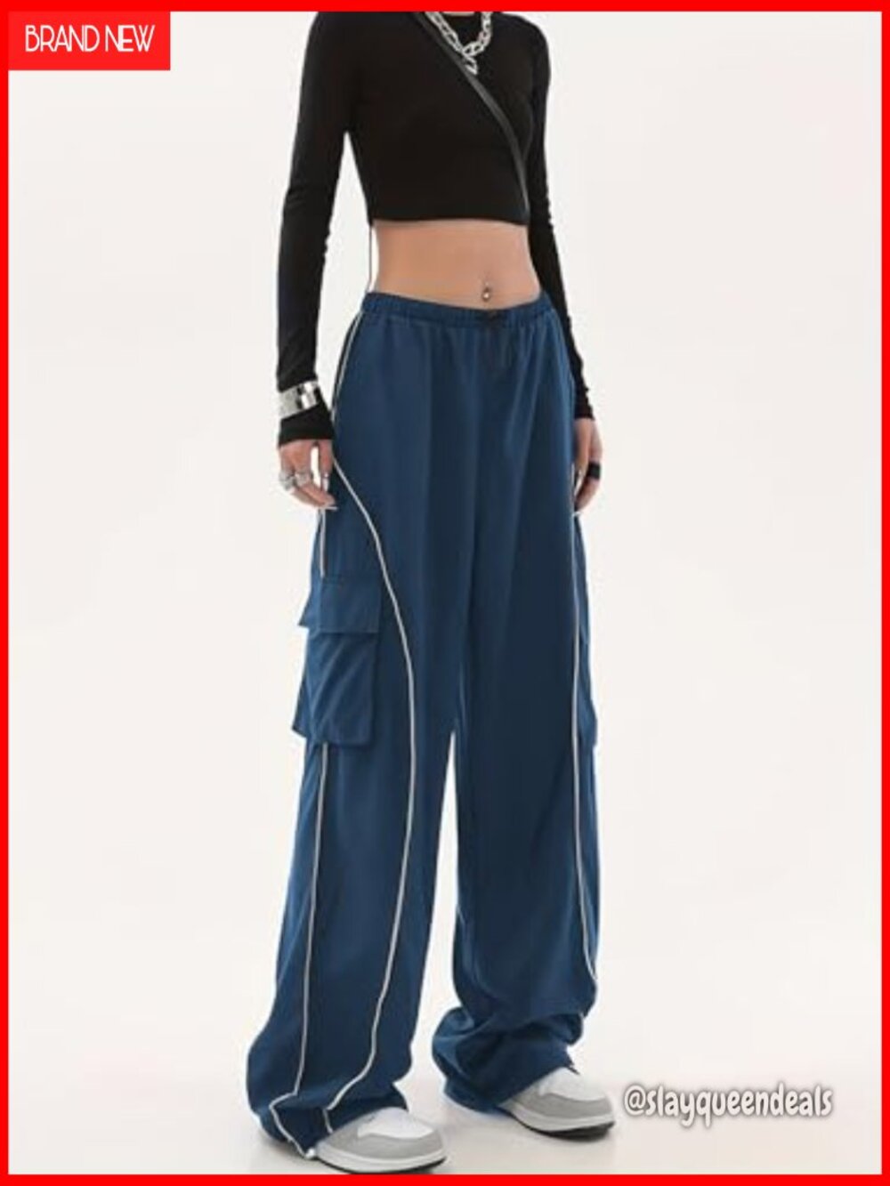 Baggy Cargo Pants Elastic Waist Y2K Parachute Track Pants Wide Leg with Pockets - Picture 2 of 6